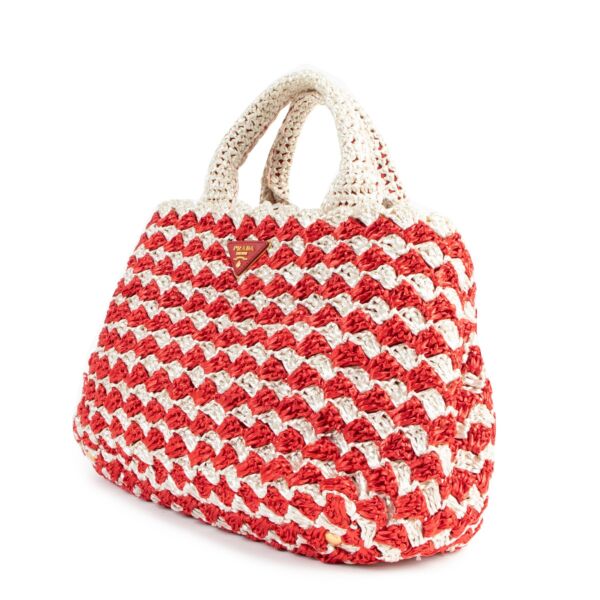 Prada Red Raffia Crochet Canapa Tote Bag 