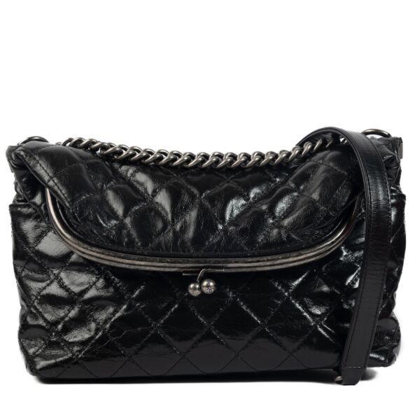 Chanel Black Glazed Calfskin Leather Folding Crossbody Bag