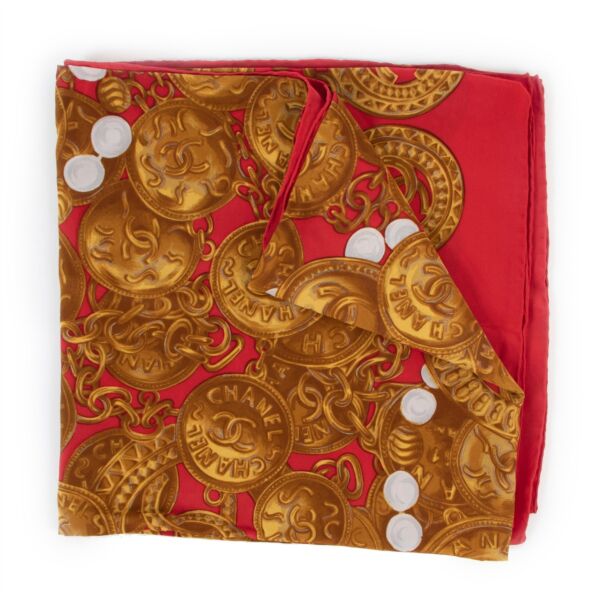 Chanel Vintage Gold Medallion Red XL Silk Scarf
