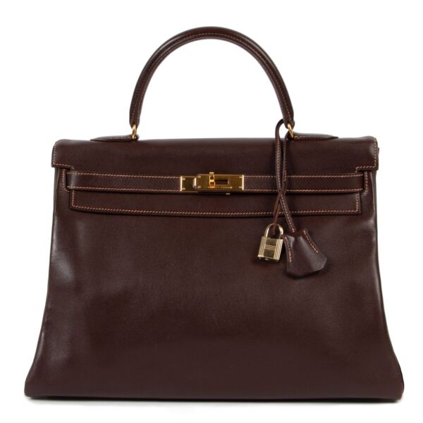 Buy an authentic second hand Hermès Kelly 35 Gulliver Leather Havane GHW at Labellov 