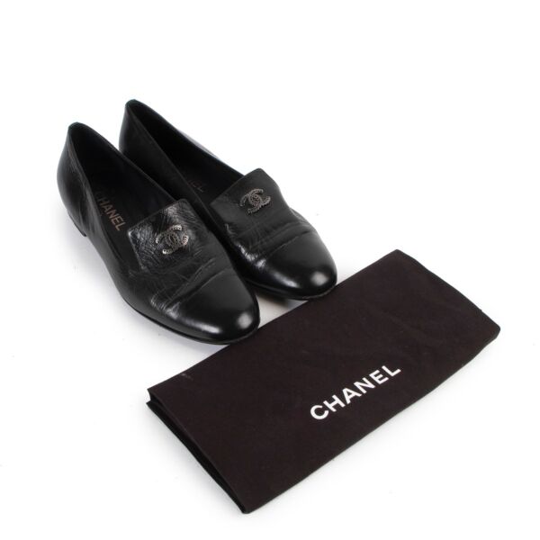 Chanel Black Leather CC Moccasin Loafers - Size 39,5