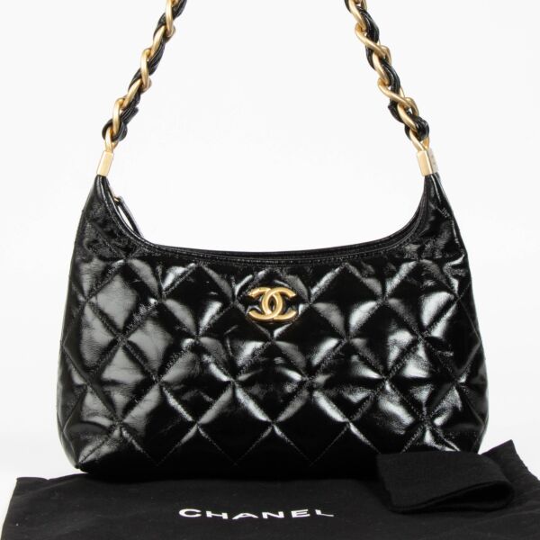 Chanel Black Lambskin Patent Hobo Bag