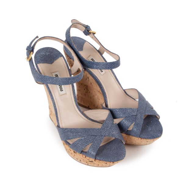 Miu Miu Blue Cork Wedge Sandals - Size 38