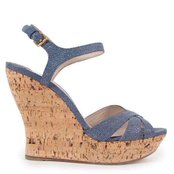 Shop safe online at Labellov in Antwerp these 100% authentic second hand Miu Miu Blue Cork Wedge Sandals - Size 38