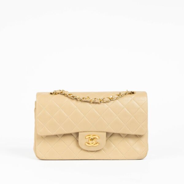 Shop this 100% authentic Chanel Beige Lambskin Small Classic Flap Bag with Gold Hardware at Labellov.com