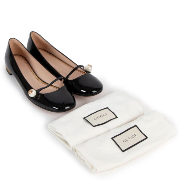 Gucci Black Patent Leather Pearl Mary Jane Ballet Flats - Size EU39