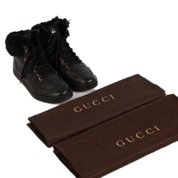 Gucci Black Leather Fur Trim Guccissima High-top Sneakers - Size 38,5