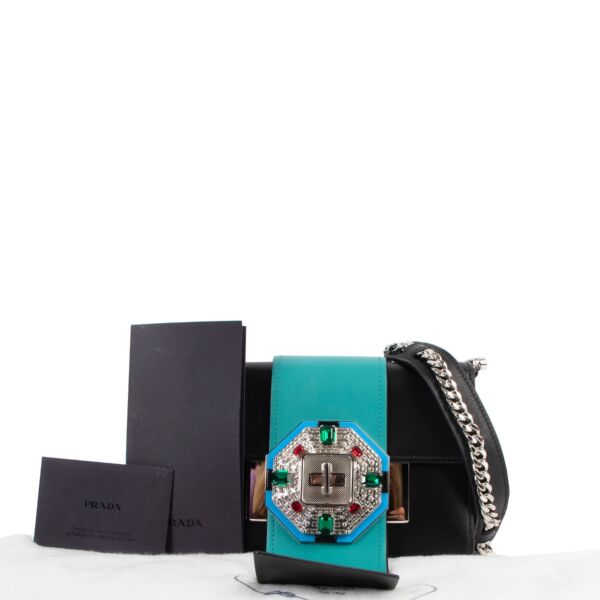Prada Black/Teal Leather Jewels Ribbon Crossbody Bag 