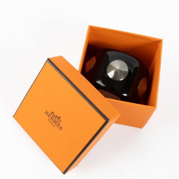 Hermès Black Bois Laqué Sterling Silver Stud Horn Cuff Bracelet - Size PM