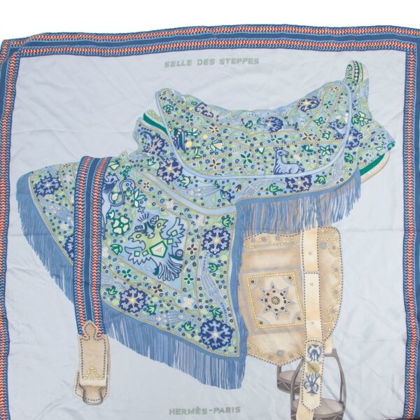 Hermès Selle Des Steppes Bleu Ciel/Bleu Jean/Vert Wash Carré 90 Silk Scarf