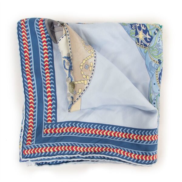 Shop second hand Hermès Selle Des Steppes Bleu Ciel/Bleu Jean/Vert Wash Carré 90 Silk Scarf at Labellov
