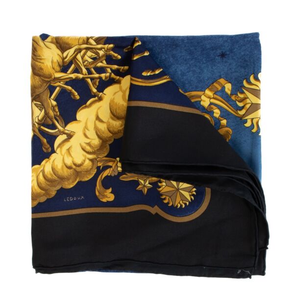 Shop safe online at Labellov in Antwerp, Brussels and Knokke this 100% authentic second hand Hermès Blue Cosmos Silk Scarf