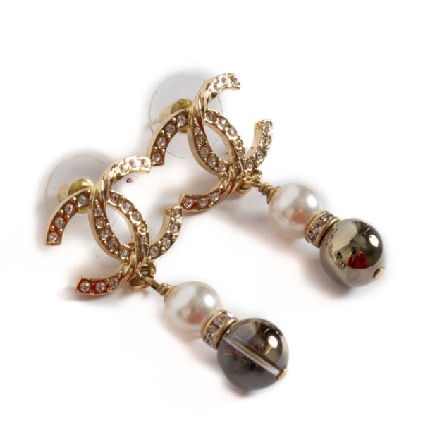 Chanel 23C Crystal CC Pearl Bead Pedant Earrings