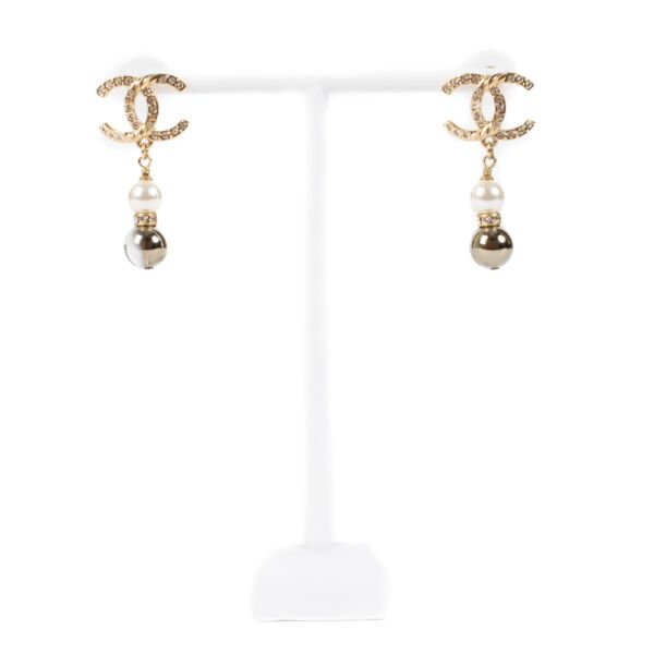 Chanel 23C Crystal CC Pearl Bead Pedant Earrings