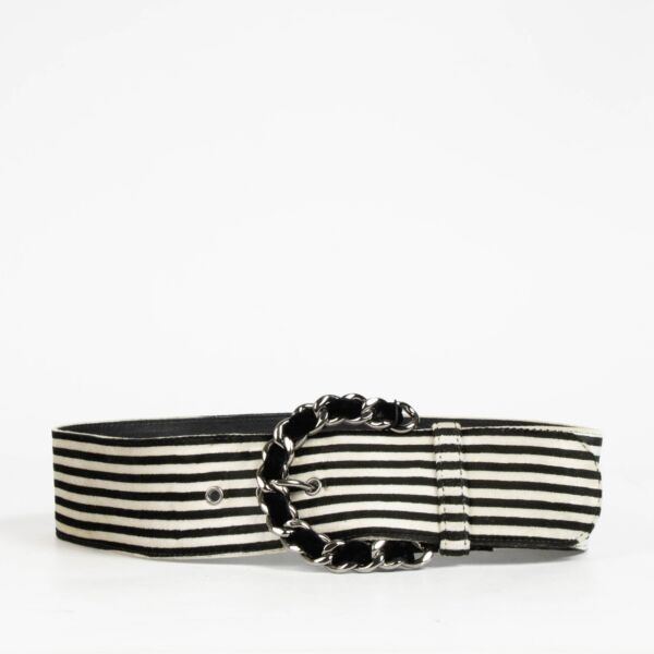 Authentic pre-loved Chanel Black/White Striped Velour Belt - Size 75 on Labellov.com
