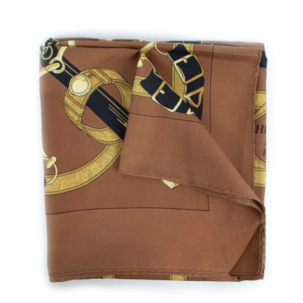 Buy authentic second hand Hermès Brown Silk Eperon D'Or Scarf in good condition at Labellov in Antwerp. 