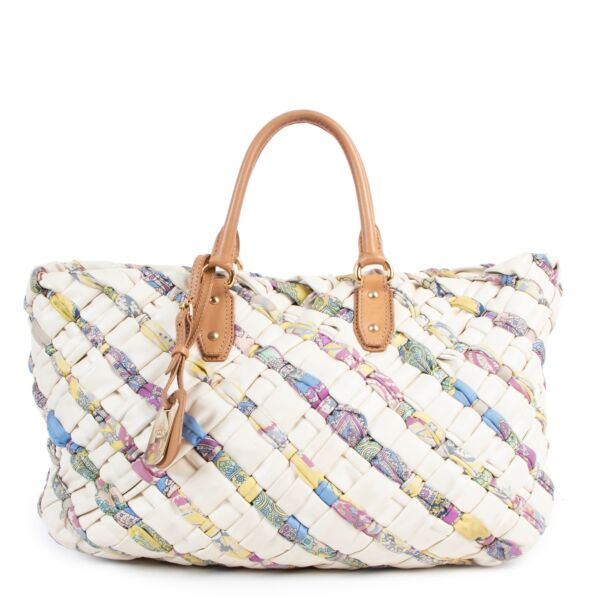 Etro White Woven Leather Multicolor Twilly Top Handle Bag