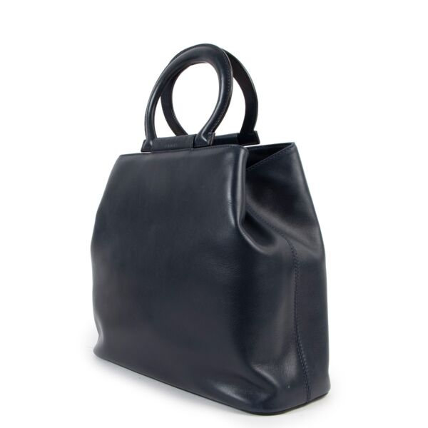 Celine Vintage Round Handle Dark Blue Leather Tote Bag