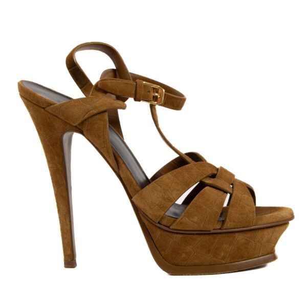 Saint Laurent Camel Croc Embossed Suede Tribute Sandals - size 37