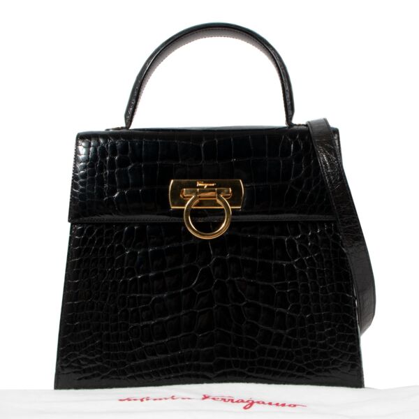Ferragamo Black Alligator Medium Iconic Bag