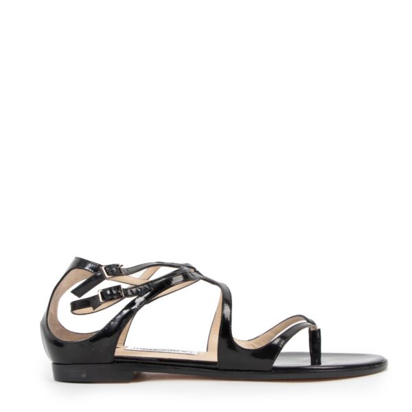 Jimmy Choo Black Patent Leather Leja Strappy Flat Sandals - Size 38