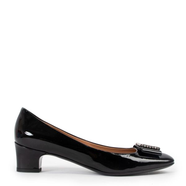 Salvatore Ferragamo Black Patent Leather Studded Bow Pumps - Size 39
