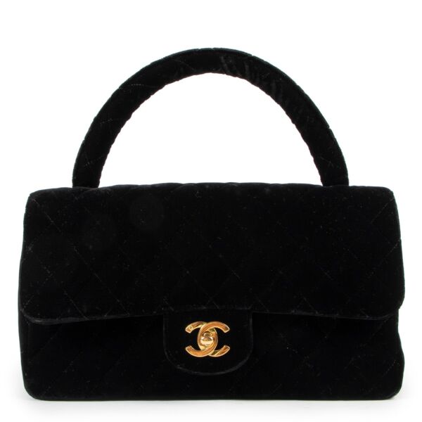 Chanel Vinage Black Quilted Velvet Medium Kelly Flap Bag