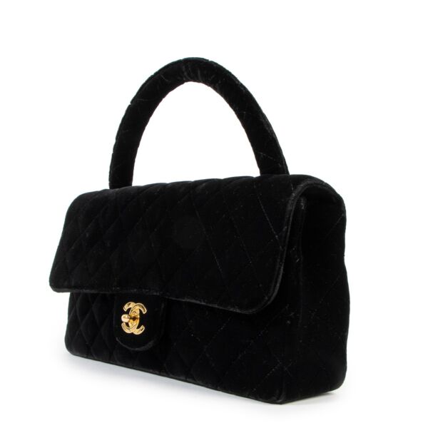 Chanel Vintage Black Quilted Velvet Medium Kelly Flap Bag