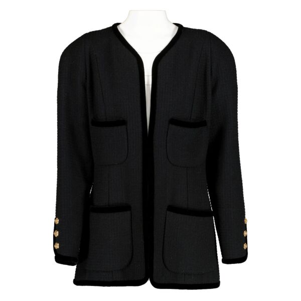Chanel Black Velvet Trim Tweed Jacket - Size FR40 