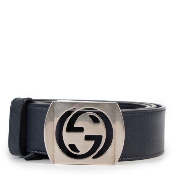 Gucci GG Cut-out Buckle Blue Leather Belt - Size 85