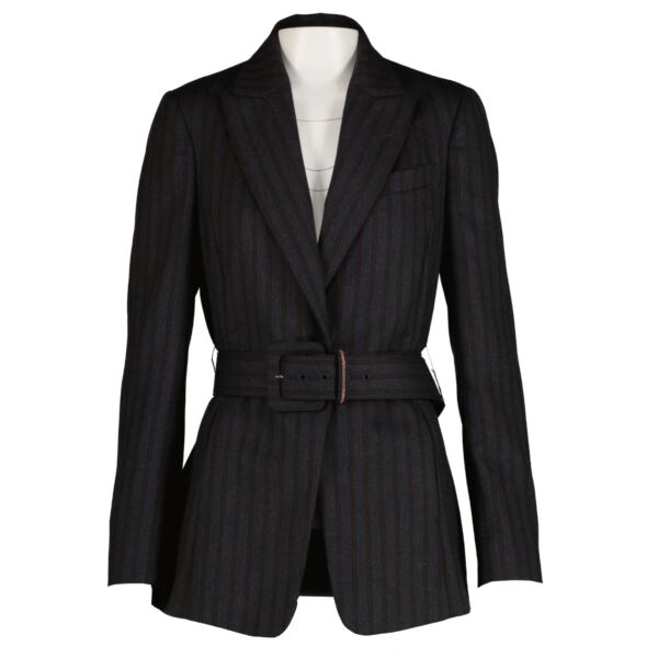 Brunello Cucinelli Black Striped Wool Belted Blazer Jacket