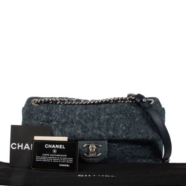 Chanel Camellia Embroidered Denim Medium Classic Flap Bag