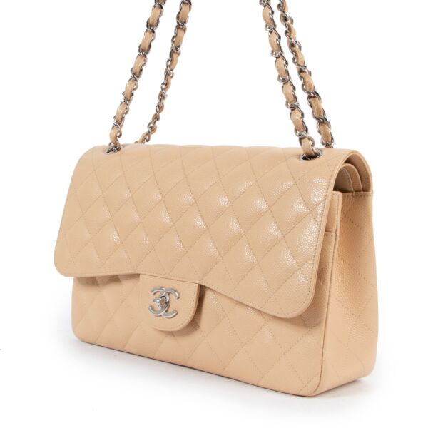 Chanel Beige Caviar Leather Jumbo Classic Flap Bag 