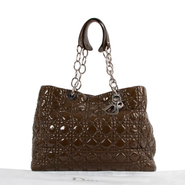 Christian Dior Taupe Cannage Patent Leather Soft Lady Dior Shopper Tote