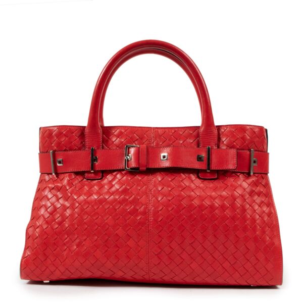 Bottega Veneta Red Intrecciato Belted Tote Bag