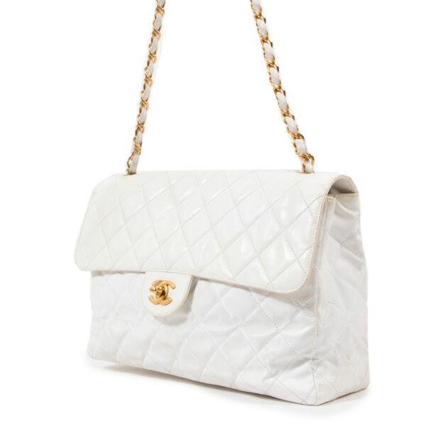 Chanel Vintage White Polyester Jumbo Classic Flap Bag