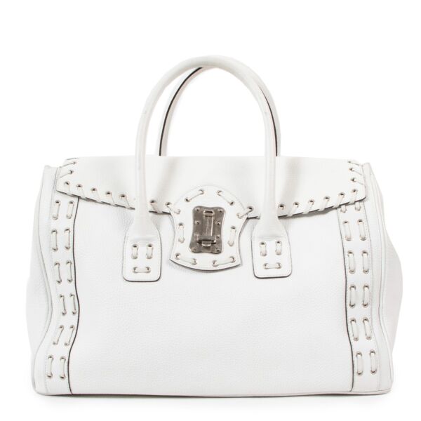 Versace Vintage White Leather Whipstitch Tote Bag
