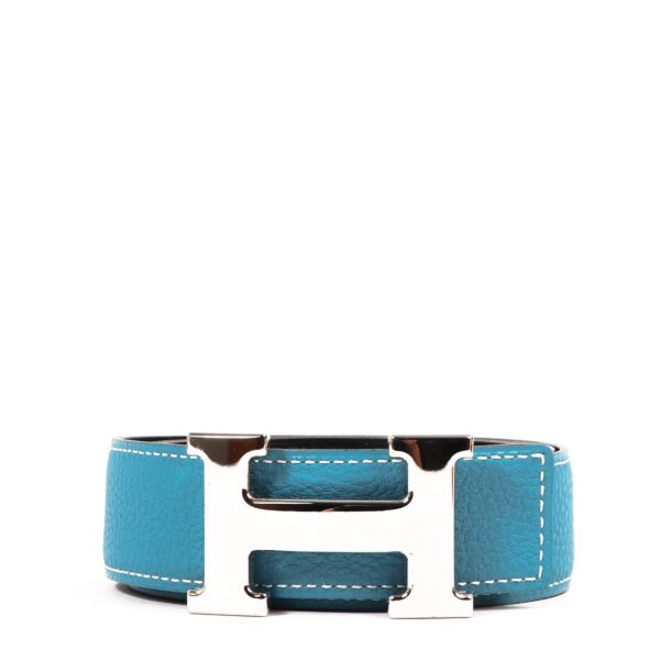 Hermès Reversible Blue Togo/Black Tadelakt Constance H Belt - Size 90