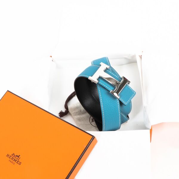 Hermès Reversible Blue Togo/Black Tadelakt Constance H Belt - Size 90