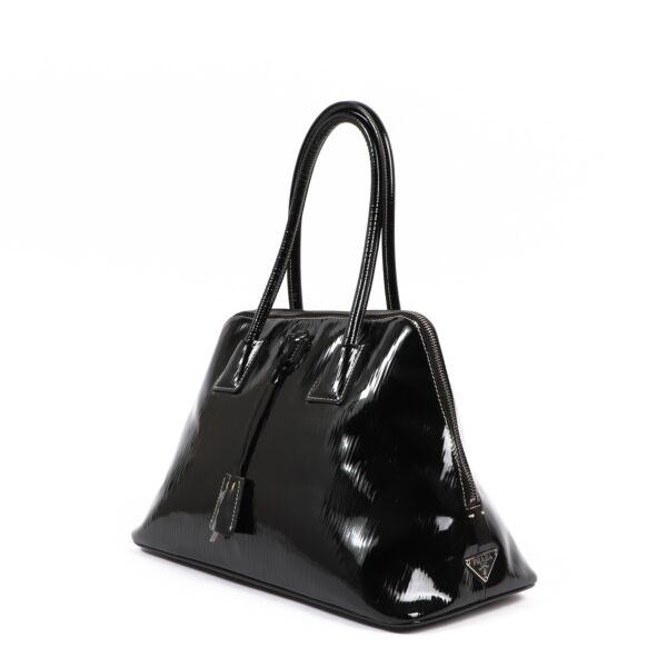 Prada Black Spazzolato Patent Leather Logo Top Handle Bag