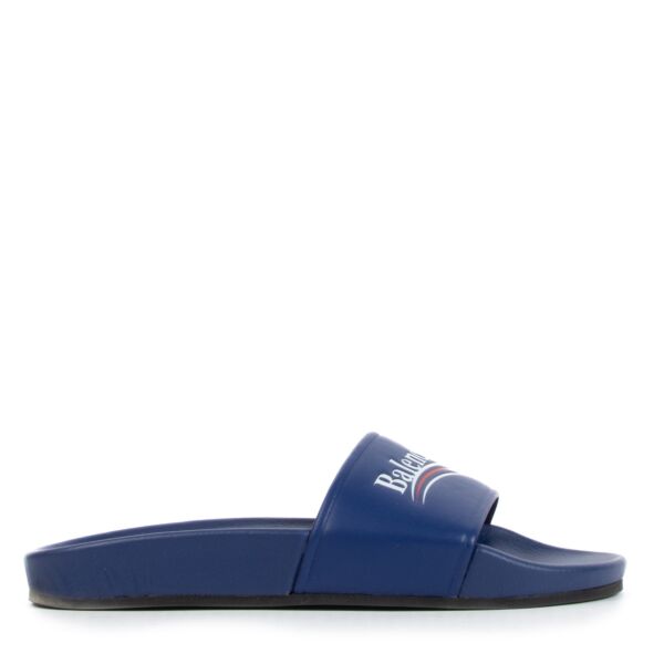 shop authentic second hand Balenciaga Blue Political Campaign Logo Leather Slides - size 36 on Labellov.com