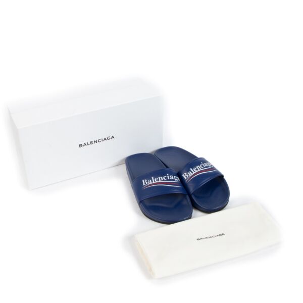 Balenciaga Blue Political Campaign Logo Leather Slides - size 36