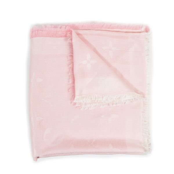 Buy an authentic second hand Louis Vuitton Pink Silk Monogram Shine Tuch Scarf in very good condition at Labellov Antwerp. 