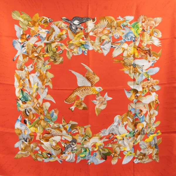 Hermès Red L'Intrus Bird Silk Scarf