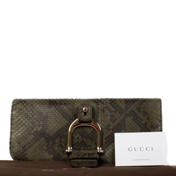 Gucci Khaki Green Python Greenwich Clutch Bag