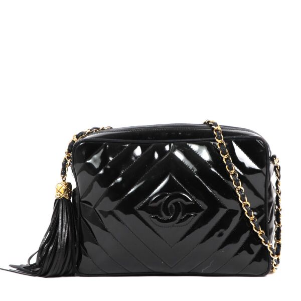 Chanel Vintage Black Patent Leather CC Tassel Camera Bag