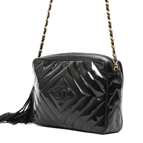 Chanel Vintage Black Patent Leather CC Tassel Camera Bag