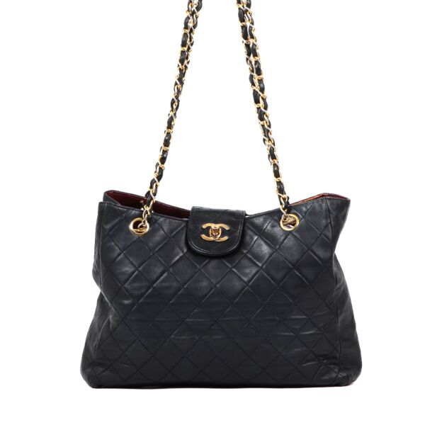 Chanel Vintage Navy Blue CC Quilted Lambskin Small Tote Bag