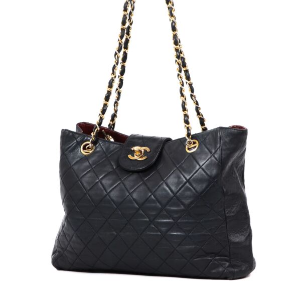 Chanel Vintage Navy Blue CC Quilted Lambskin Small Tote Bag