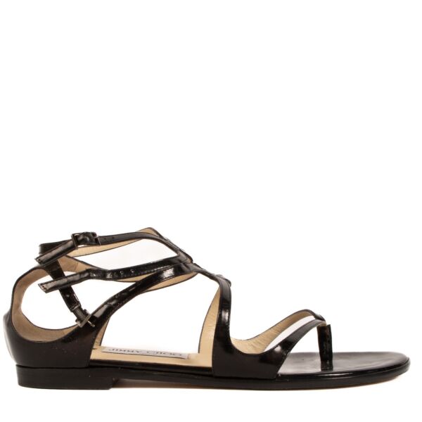 Jimmy Choo Black Patent Leather Leja Strappy Flat Sandals - size 38